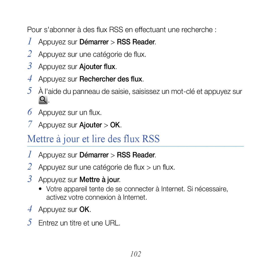 Samsung GT-B7610OKAXEF, GT-B7610OKASFR Mettre à jour et lire des flux RSS, Appuyez sur OK Entrez un titre et une URL, 102 