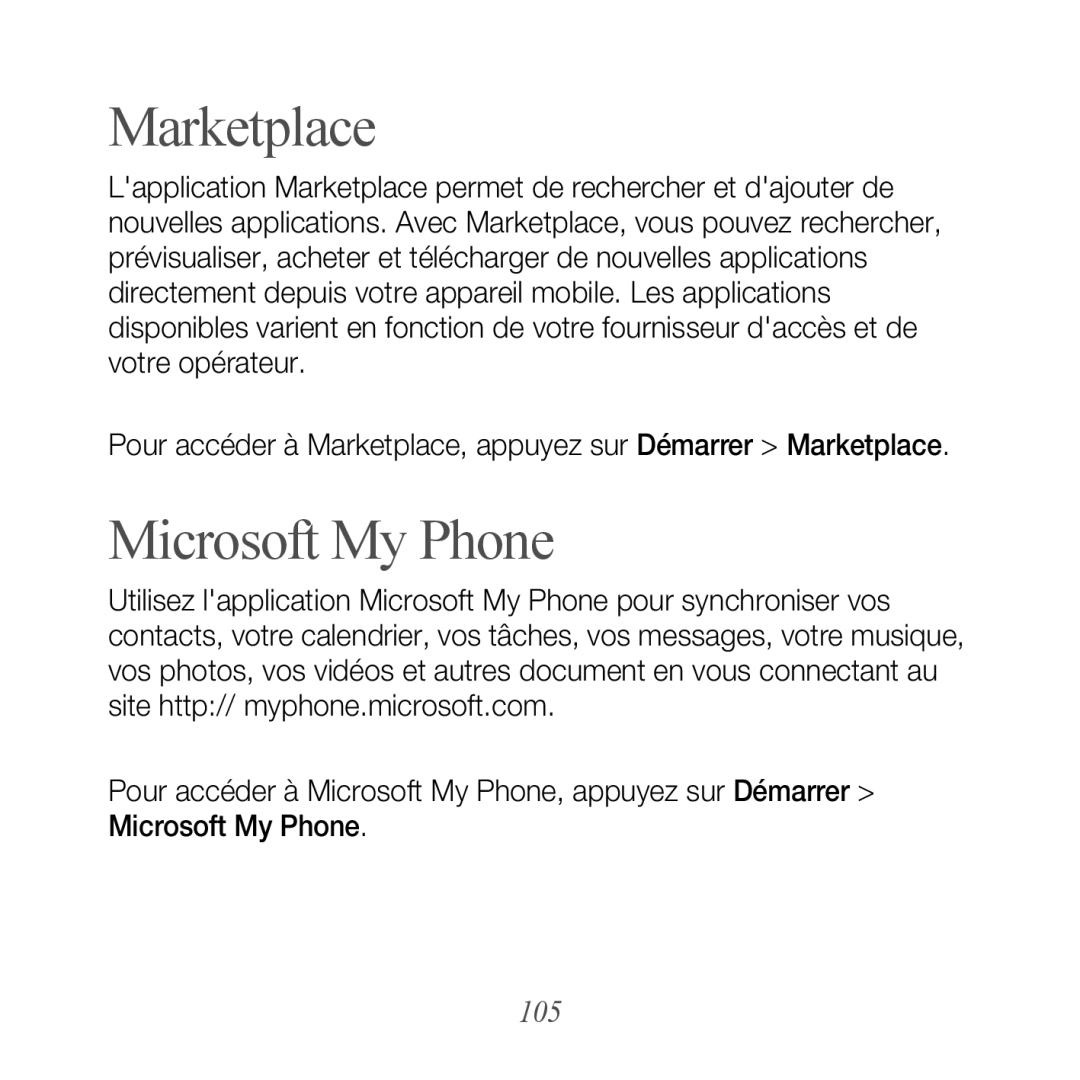 Samsung GT-B7610OKASFR, GT-B7610OKAXEF manual Marketplace, Microsoft My Phone, 105 