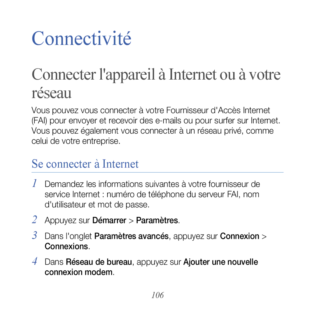 Samsung GT-B7610OKAXEF, GT-B7610OKASFR manual Connecter lappareil à Internet ou à votre réseau, Se connecter à Internet, 106 