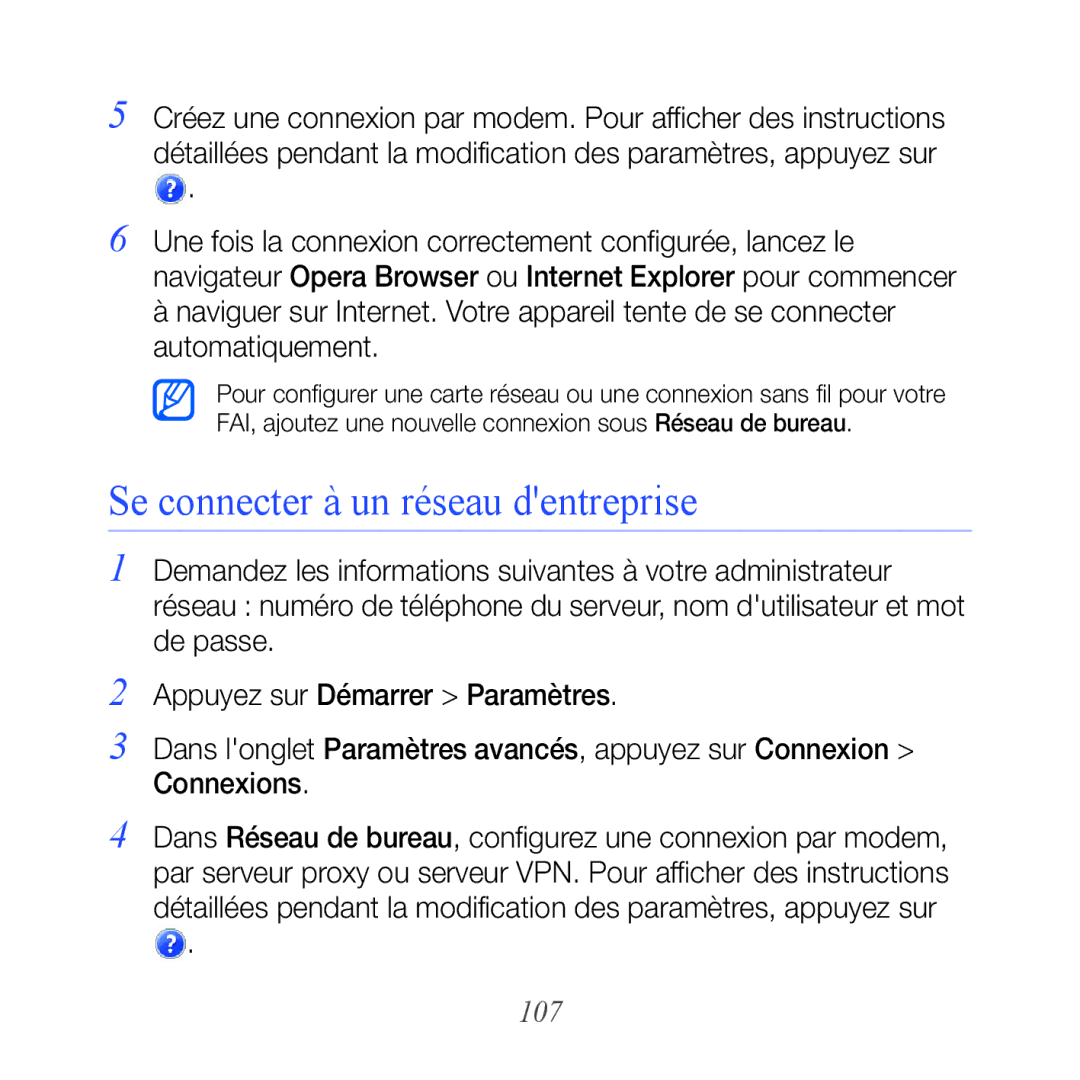 Samsung GT-B7610OKASFR, GT-B7610OKAXEF manual Se connecter à un réseau dentreprise, 107 