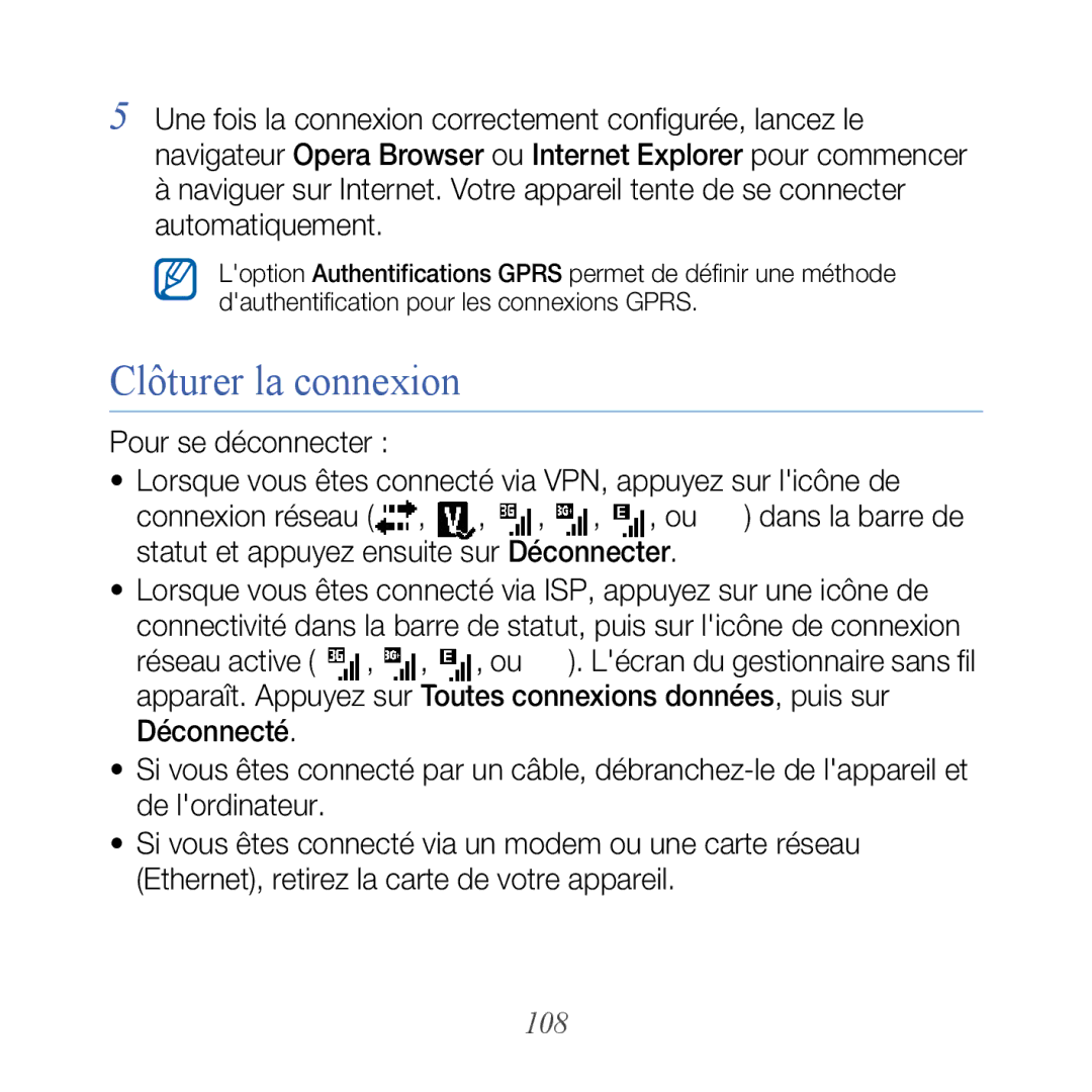 Samsung GT-B7610OKAXEF, GT-B7610OKASFR manual Clôturer la connexion, 108 