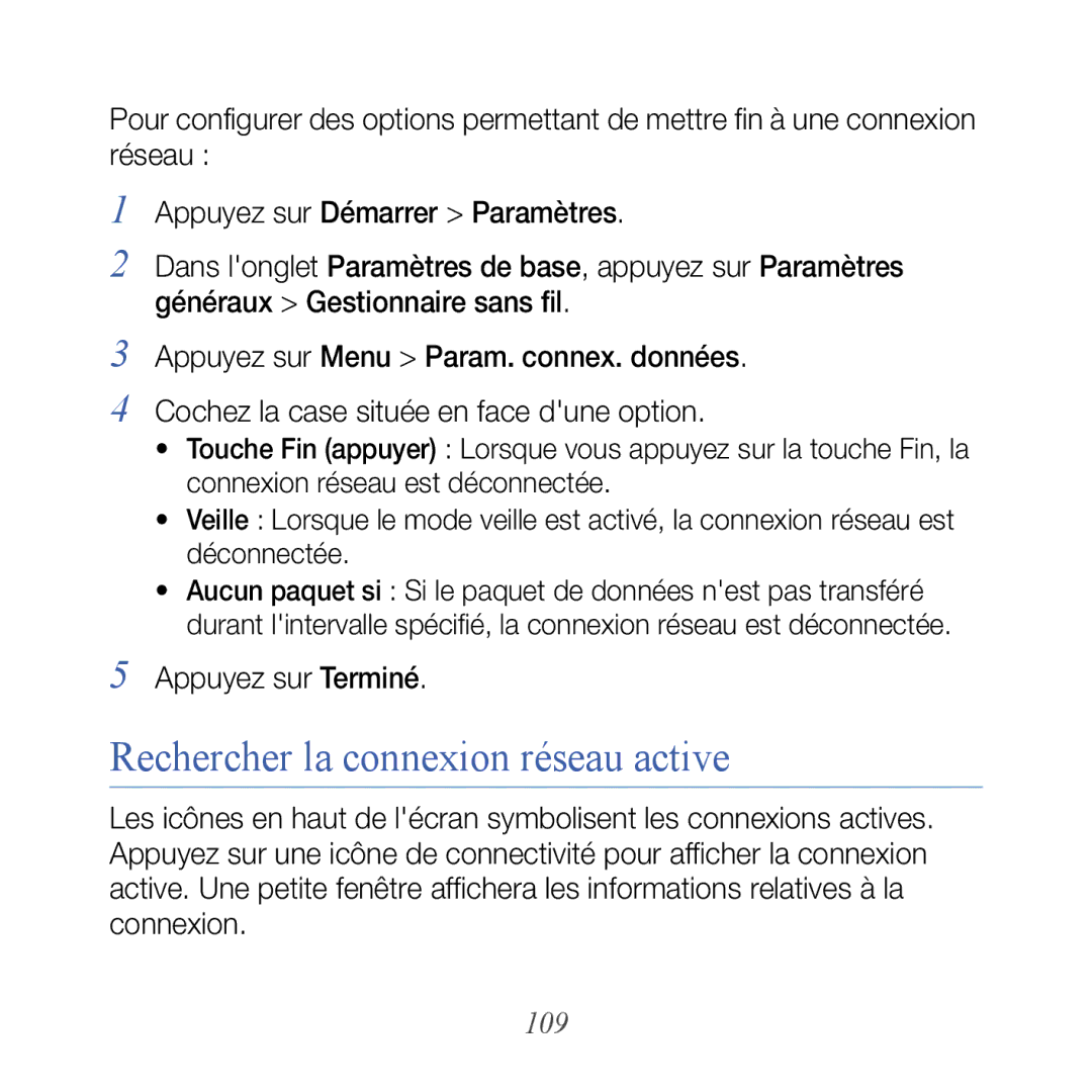 Samsung GT-B7610OKASFR, GT-B7610OKAXEF manual Rechercher la connexion réseau active, 109 