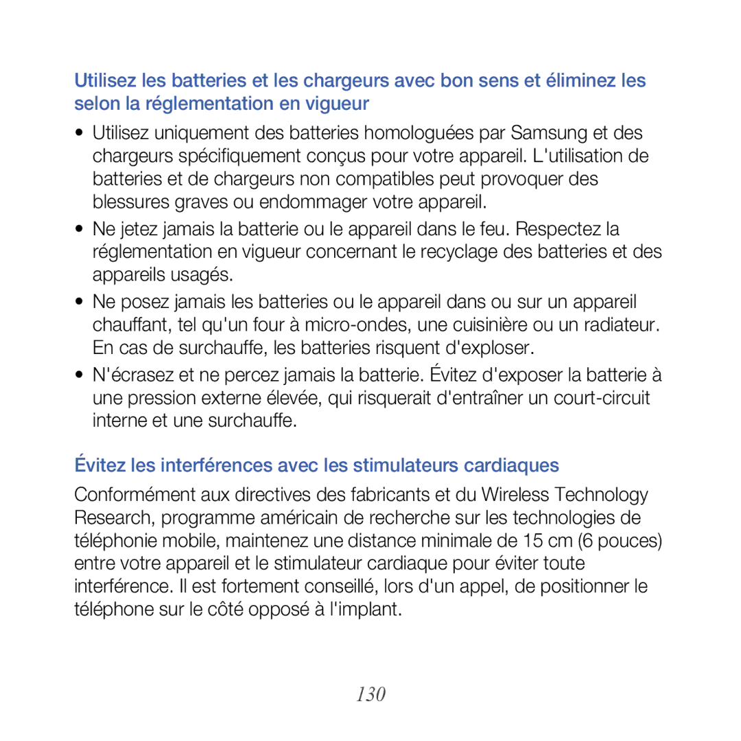 Samsung GT-B7610OKAXEF, GT-B7610OKASFR manual 130, Évitez les interférences avec les stimulateurs cardiaques 