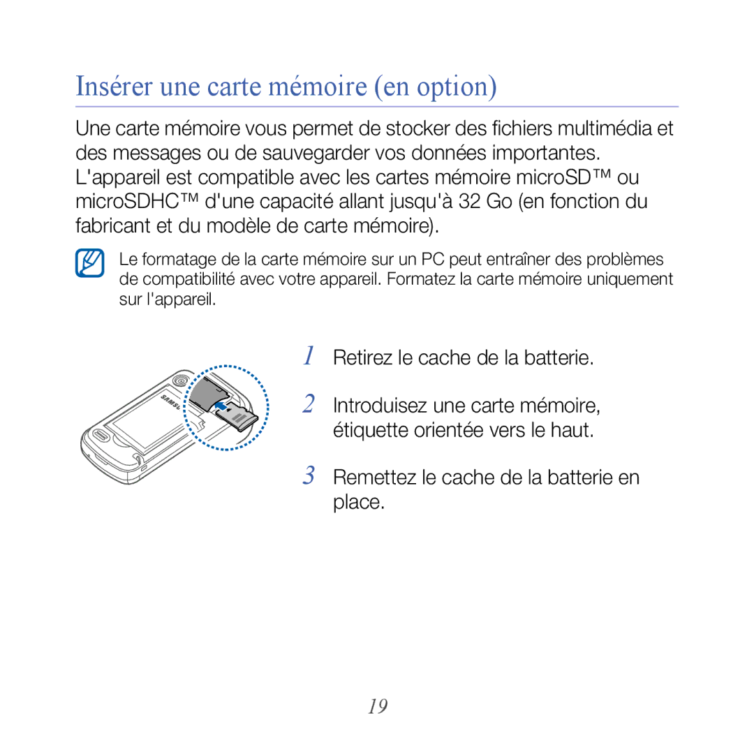 Samsung GT-B7610OKASFR, GT-B7610OKAXEF manual Insérer une carte mémoire en option, Retirez le cache de la batterie 