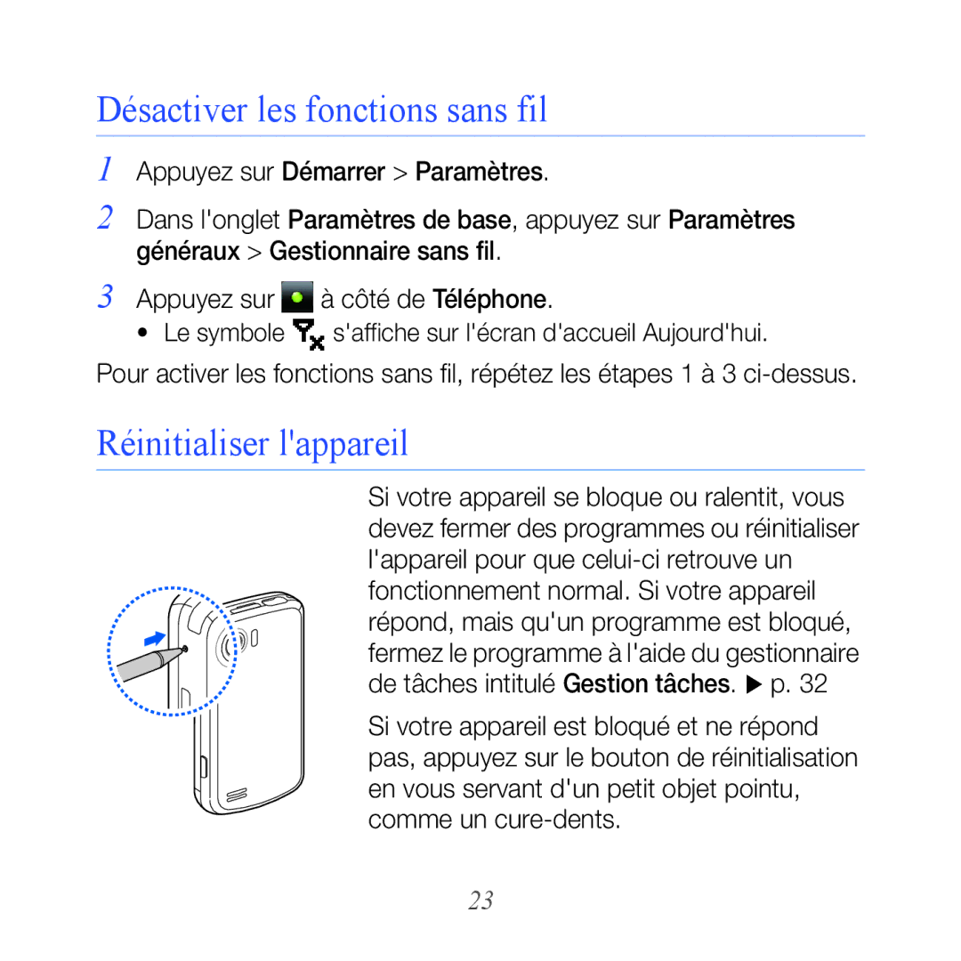 Samsung GT-B7610OKASFR, GT-B7610OKAXEF manual Désactiver les fonctions sans fil, Réinitialiser lappareil 