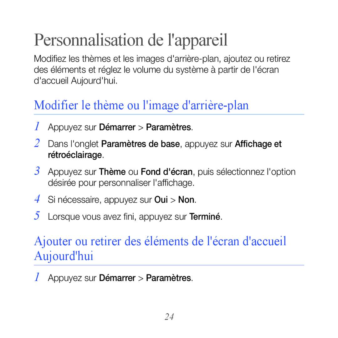 Samsung GT-B7610OKAXEF, GT-B7610OKASFR manual Personnalisation de lappareil, Modifier le thème ou limage darrière-plan 