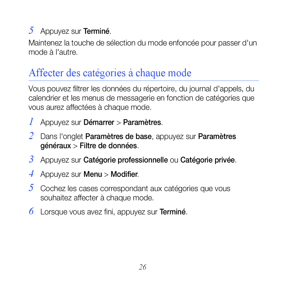 Samsung GT-B7610OKAXEF, GT-B7610OKASFR manual Affecter des catégories à chaque mode 