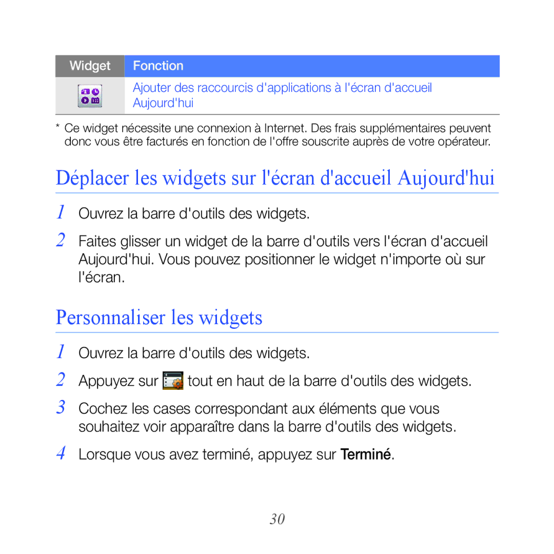 Samsung GT-B7610OKAXEF, GT-B7610OKASFR manual Déplacer les widgets sur lécran daccueil Aujourdhui, Personnaliser les widgets 