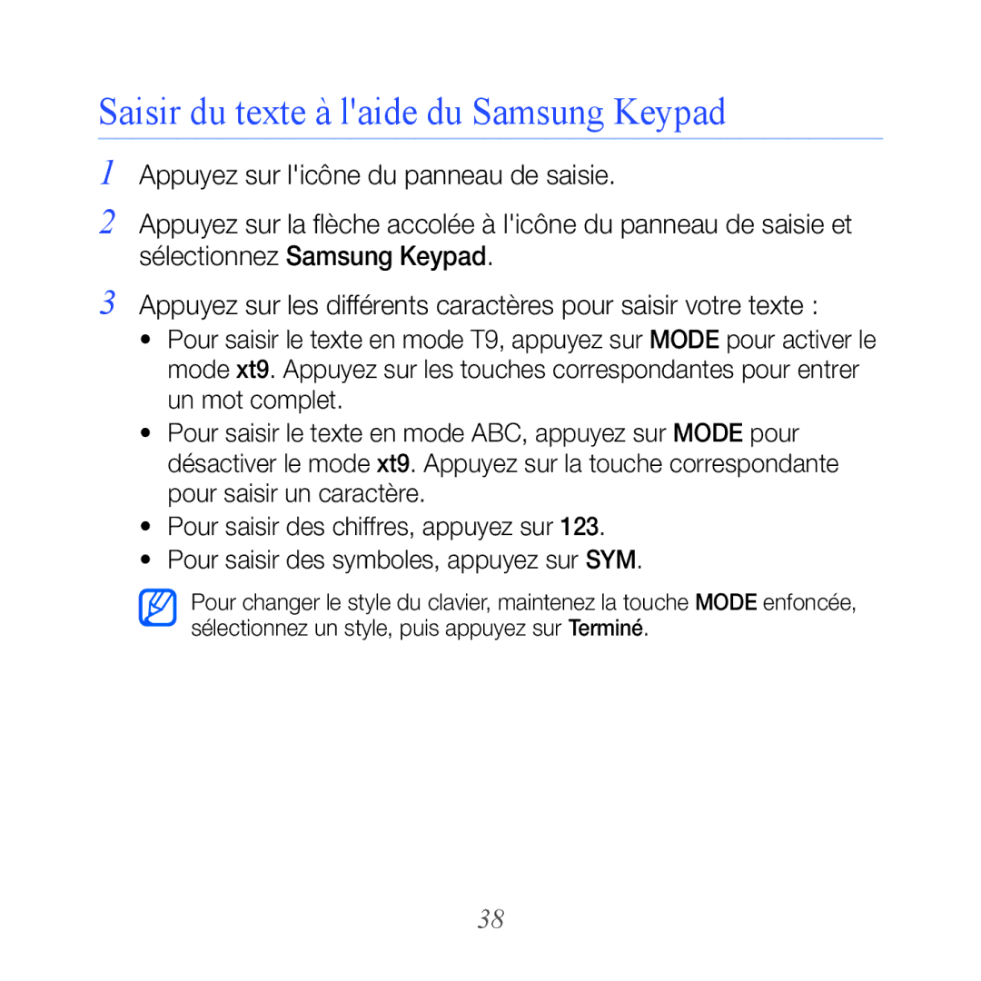 Samsung GT-B7610OKAXEF, GT-B7610OKASFR manual Saisir du texte à laide du Samsung Keypad 