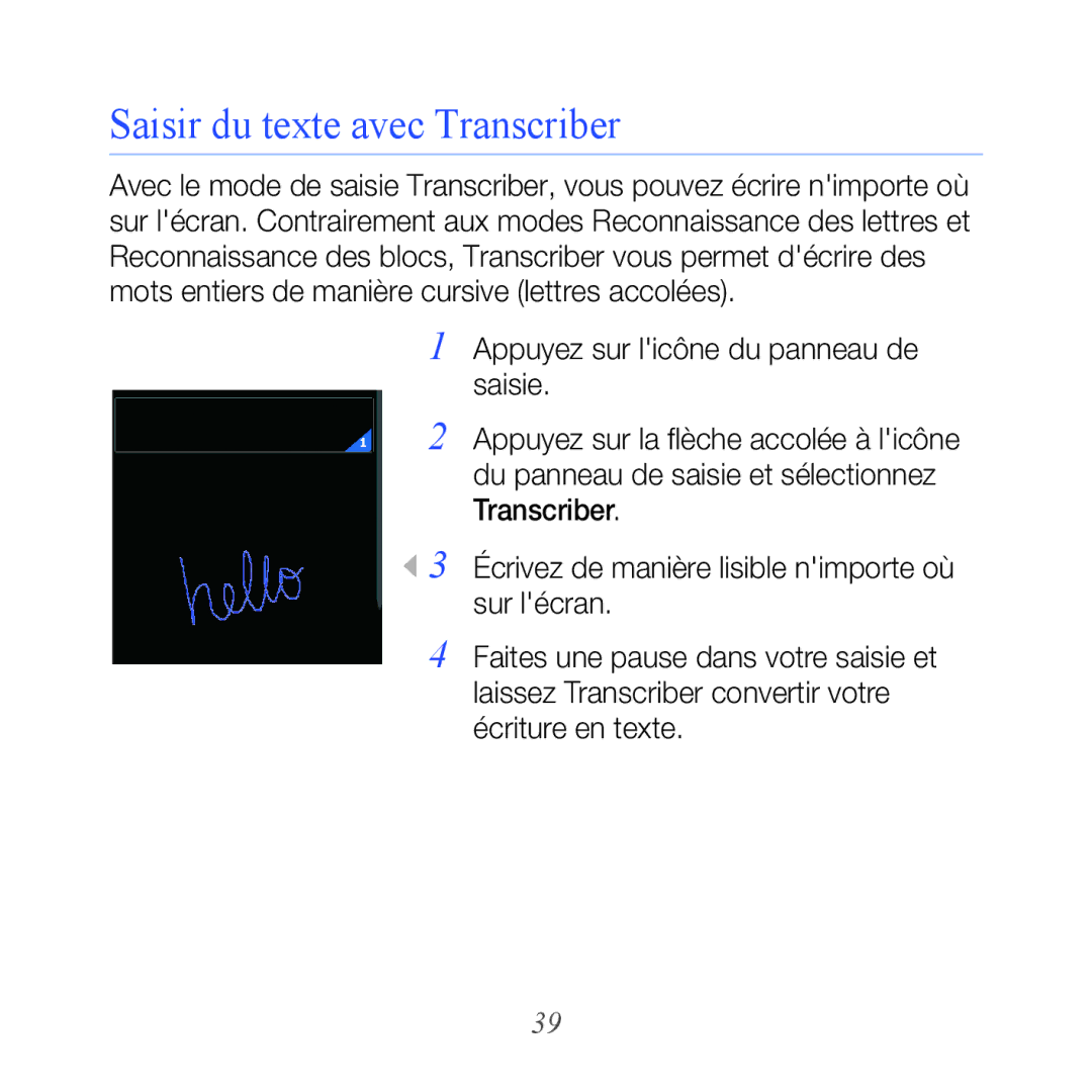 Samsung GT-B7610OKASFR, GT-B7610OKAXEF manual Saisir du texte avec Transcriber 