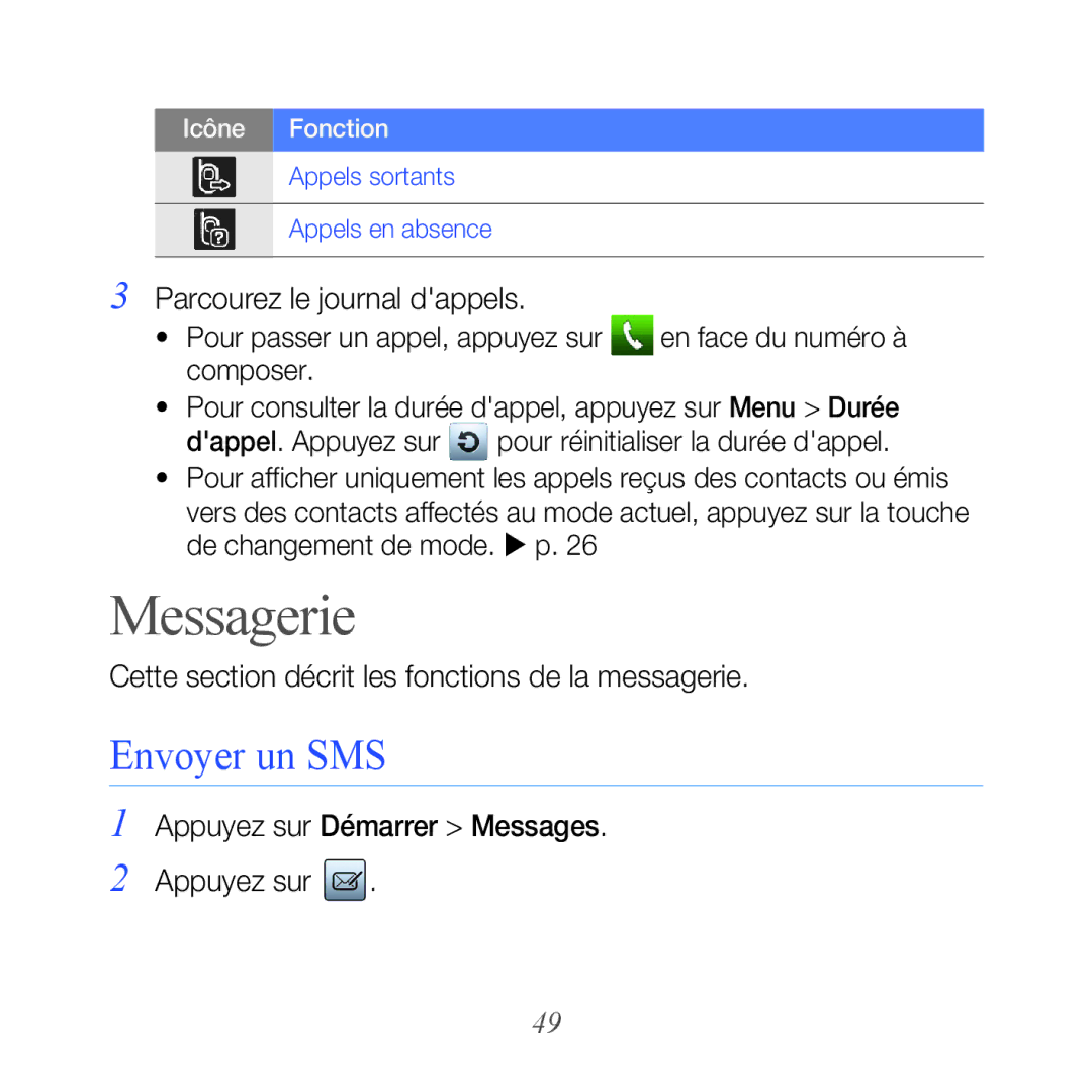 Samsung GT-B7610OKASFR manual Messagerie, Envoyer un SMS, Parcourez le journal dappels, Appuyez sur Démarrer Messages 