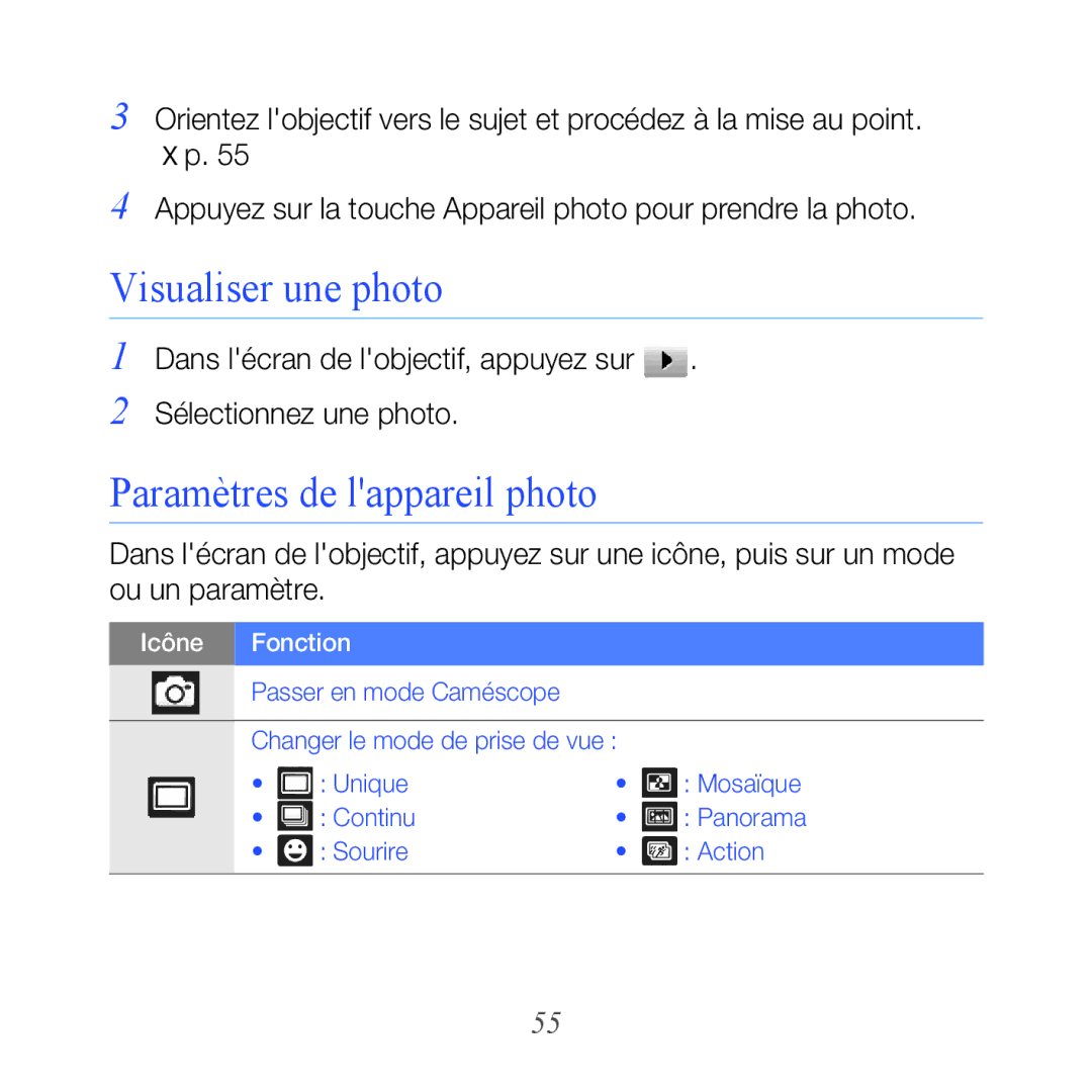 Samsung GT-B7610OKASFR, GT-B7610OKAXEF manual Visualiser une photo, Paramètres de lappareil photo 