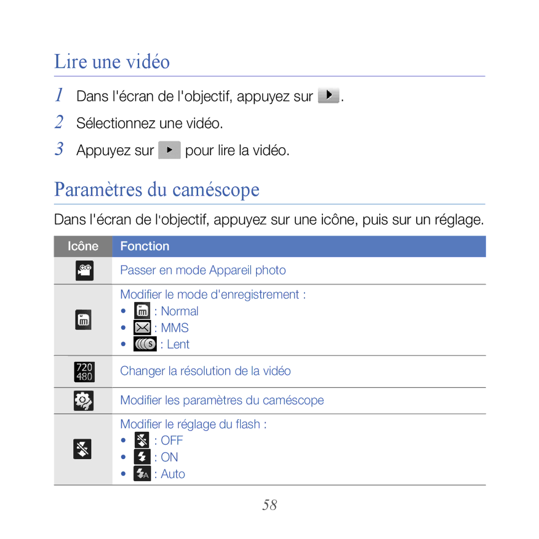 Samsung GT-B7610OKAXEF, GT-B7610OKASFR manual Lire une vidéo, Paramètres du caméscope 