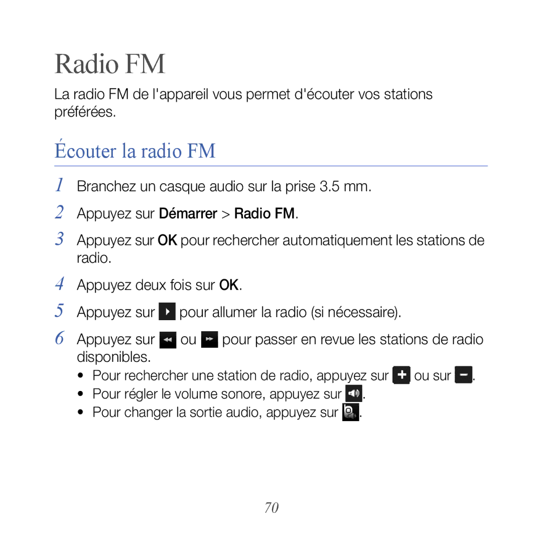 Samsung GT-B7610OKAXEF, GT-B7610OKASFR manual Radio FM, Écouter la radio FM 