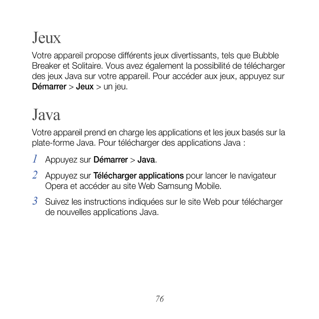 Samsung GT-B7610OKAXEF, GT-B7610OKASFR manual Jeux, Java 