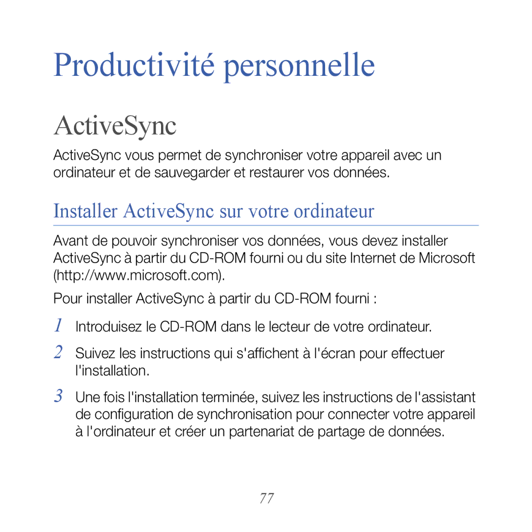 Samsung GT-B7610OKASFR, GT-B7610OKAXEF manual Installer ActiveSync sur votre ordinateur 
