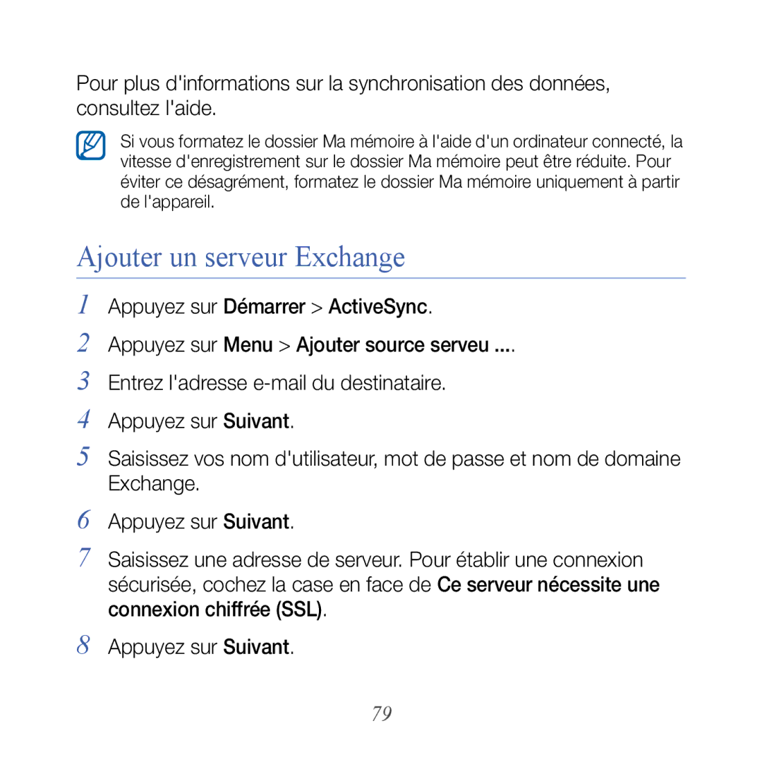 Samsung GT-B7610OKASFR, GT-B7610OKAXEF manual Ajouter un serveur Exchange 