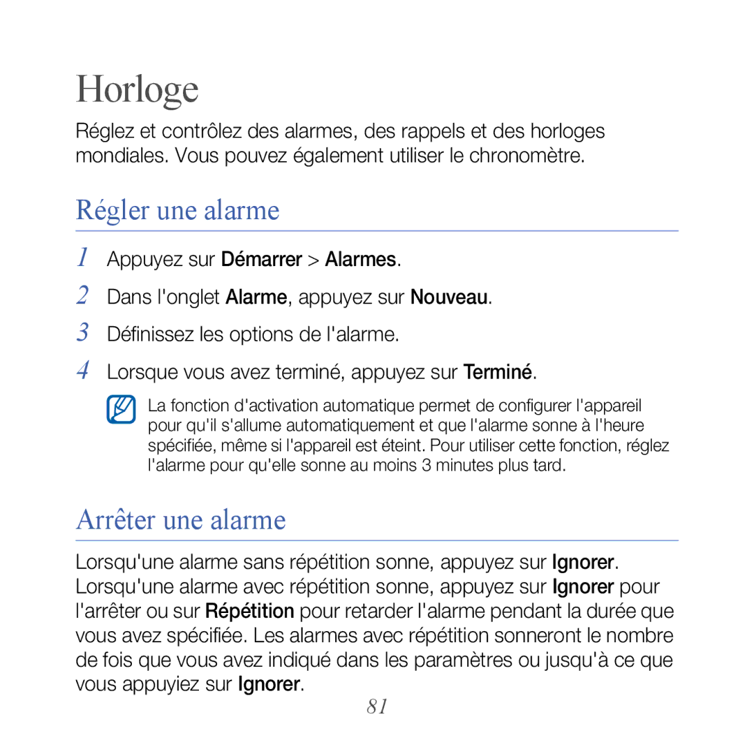 Samsung GT-B7610OKASFR, GT-B7610OKAXEF manual Horloge, Régler une alarme, Arrêter une alarme 