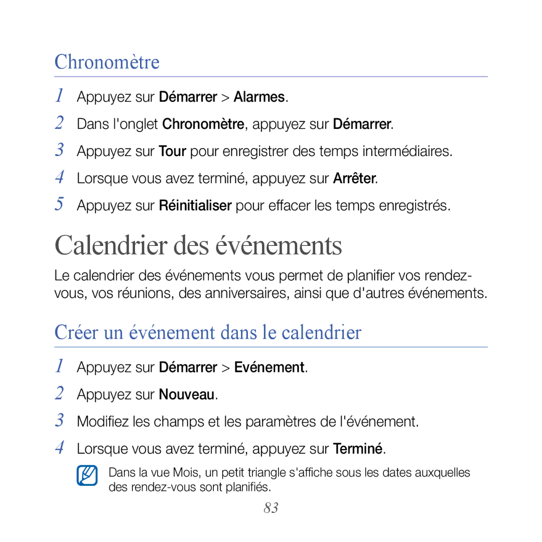 Samsung GT-B7610OKASFR, GT-B7610OKAXEF manual Calendrier des événements, Chronomètre, Créer un événement dans le calendrier 
