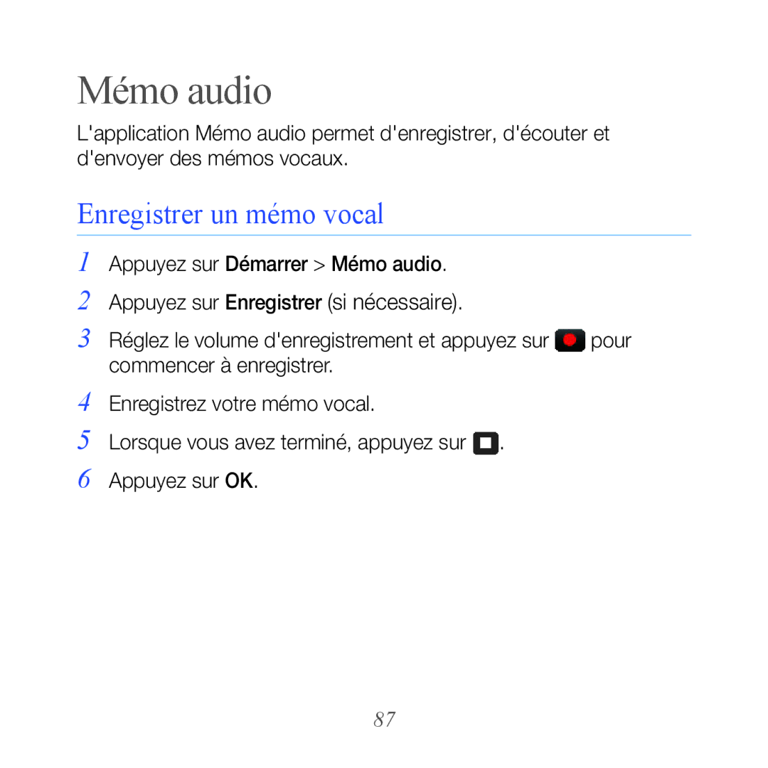 Samsung GT-B7610OKASFR, GT-B7610OKAXEF manual Mémo audio, Enregistrer un mémo vocal 