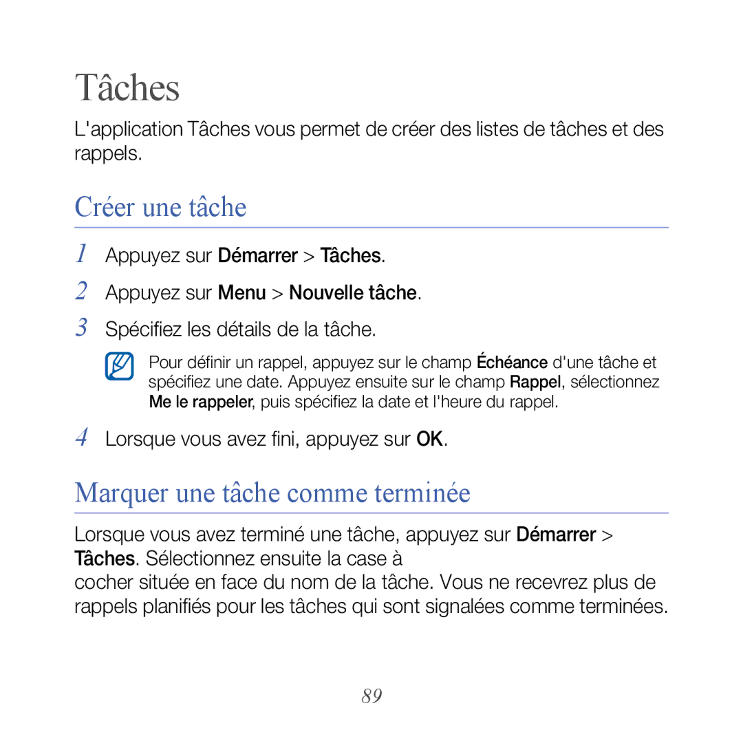 Samsung GT-B7610OKASFR, GT-B7610OKAXEF manual Tâches, Créer une tâche, Marquer une tâche comme terminée 