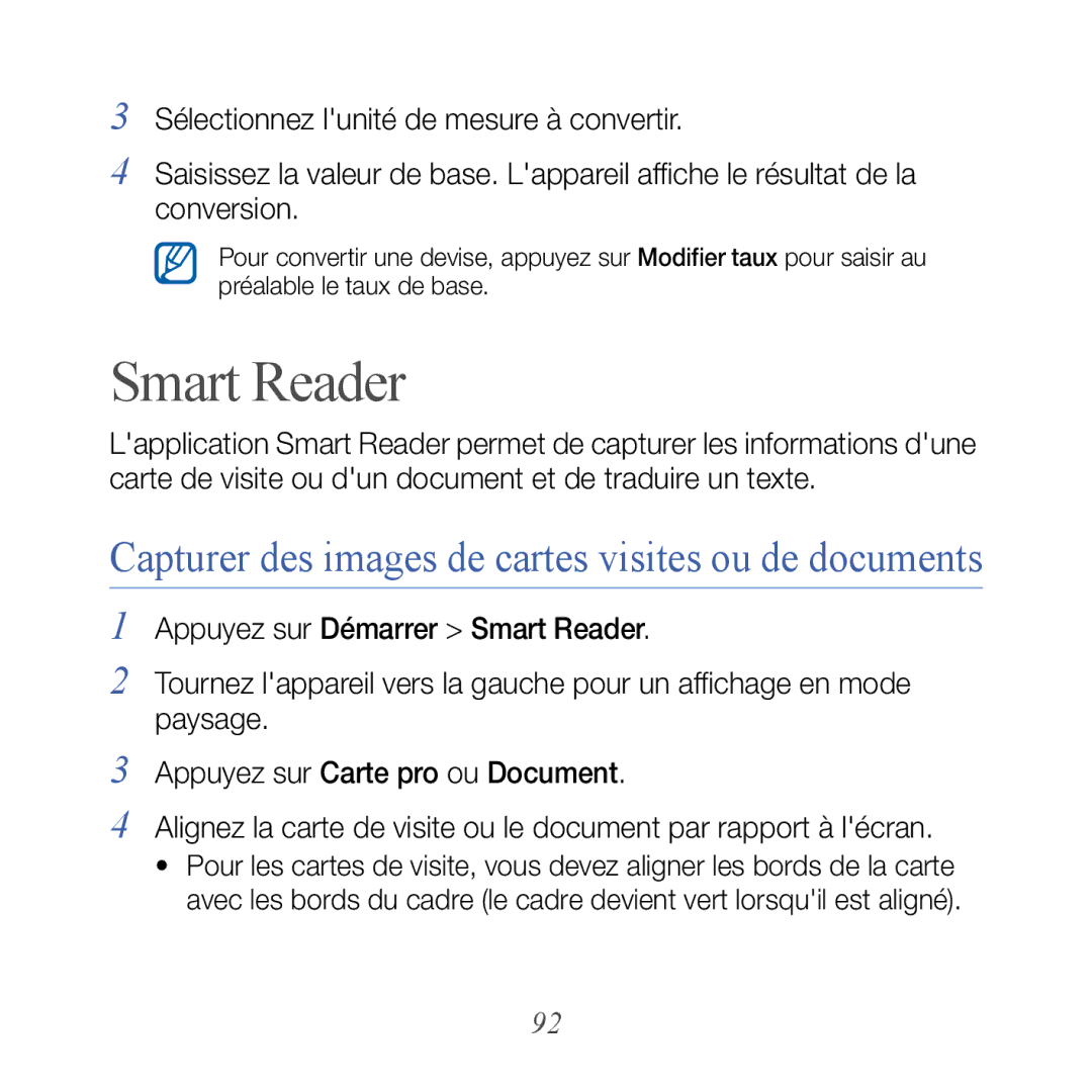 Samsung GT-B7610OKAXEF, GT-B7610OKASFR manual Smart Reader, Capturer des images de cartes visites ou de documents 