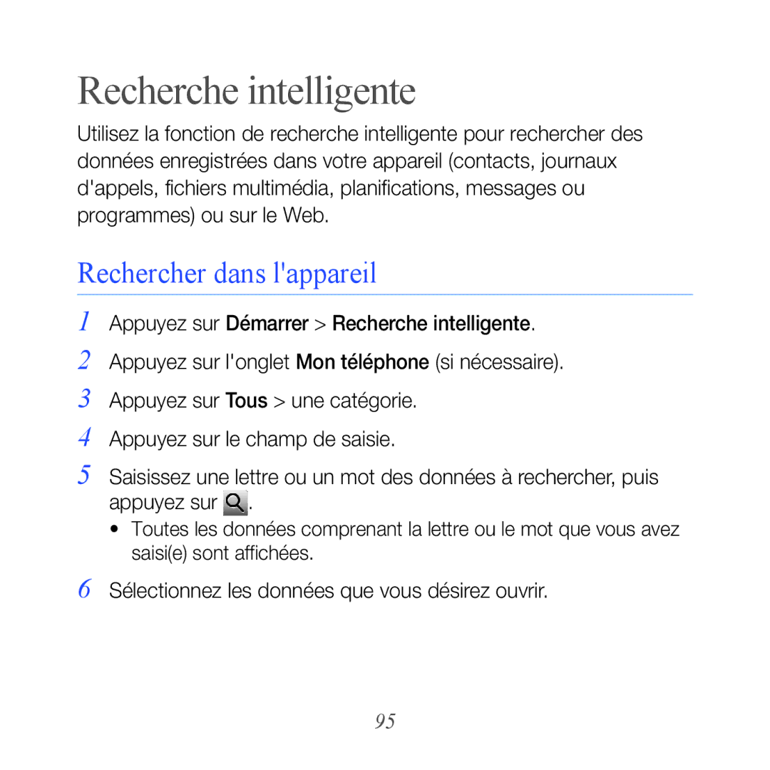 Samsung GT-B7610OKASFR Recherche intelligente, Rechercher dans lappareil, Sélectionnez les données que vous désirez ouvrir 