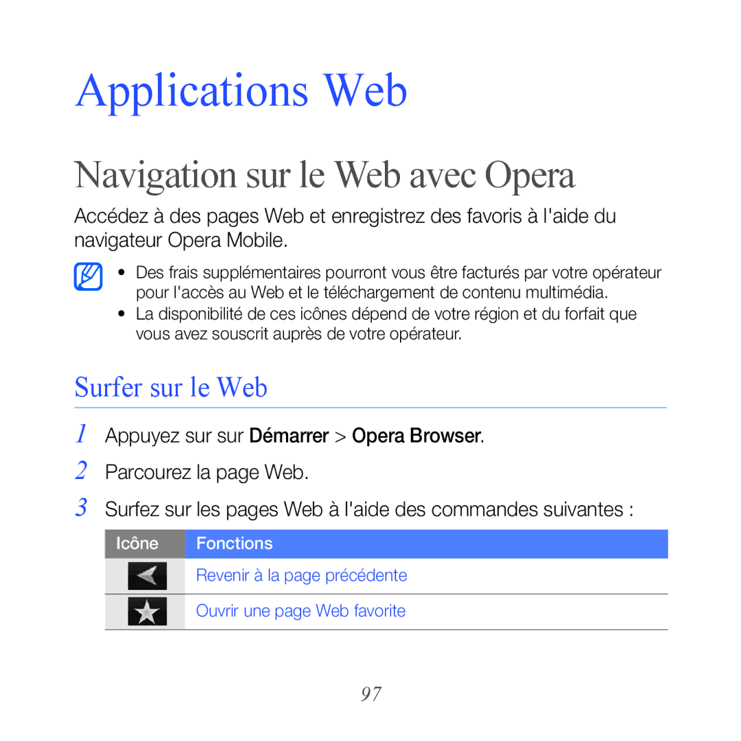 Samsung GT-B7610OKASFR, GT-B7610OKAXEF manual Navigation sur le Web avec Opera, Surfer sur le Web 