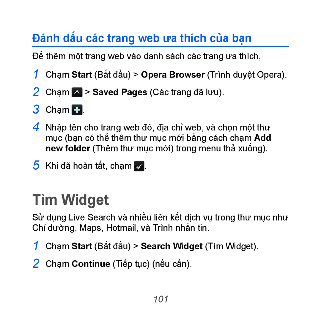 Samsung GT-B7610OKAXXV, GT-B7610OKAXEV manual Tìm Widget, Đánh dấu các trang web ưa thích của bạn, 101 