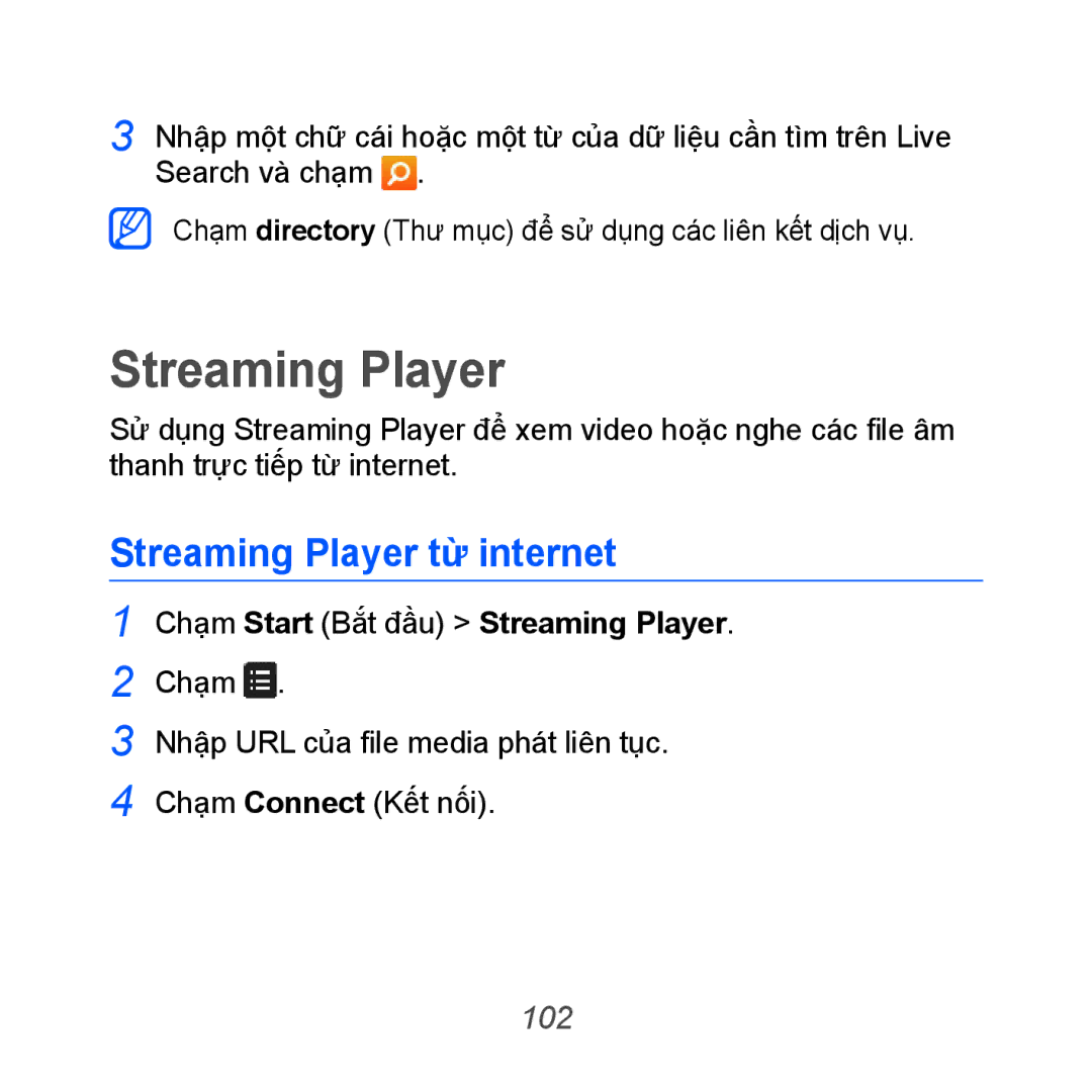 Samsung GT-B7610OKAXEV, GT-B7610OKAXXV manual Streaming Player từ internet, 102 
