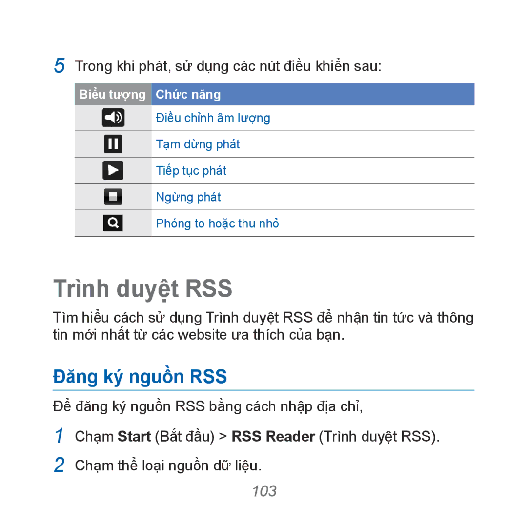 Samsung GT-B7610OKAXXV, GT-B7610OKAXEV manual Trình duyệt RSS, Đăng ký nguồn RSS, 103 