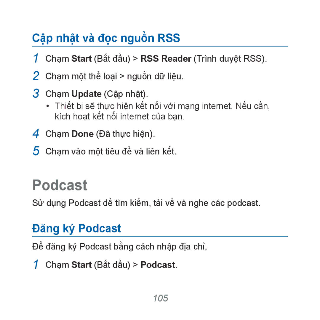 Samsung GT-B7610OKAXXV, GT-B7610OKAXEV manual Cậ̣p nhậ̣t và đọc nguồn RSS, Đăng ký Podcast, 105 