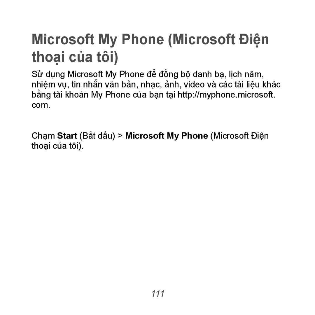 Samsung GT-B7610OKAXXV, GT-B7610OKAXEV manual Microsoft My Phone Microsoft Điện thoại của tôi, 111 