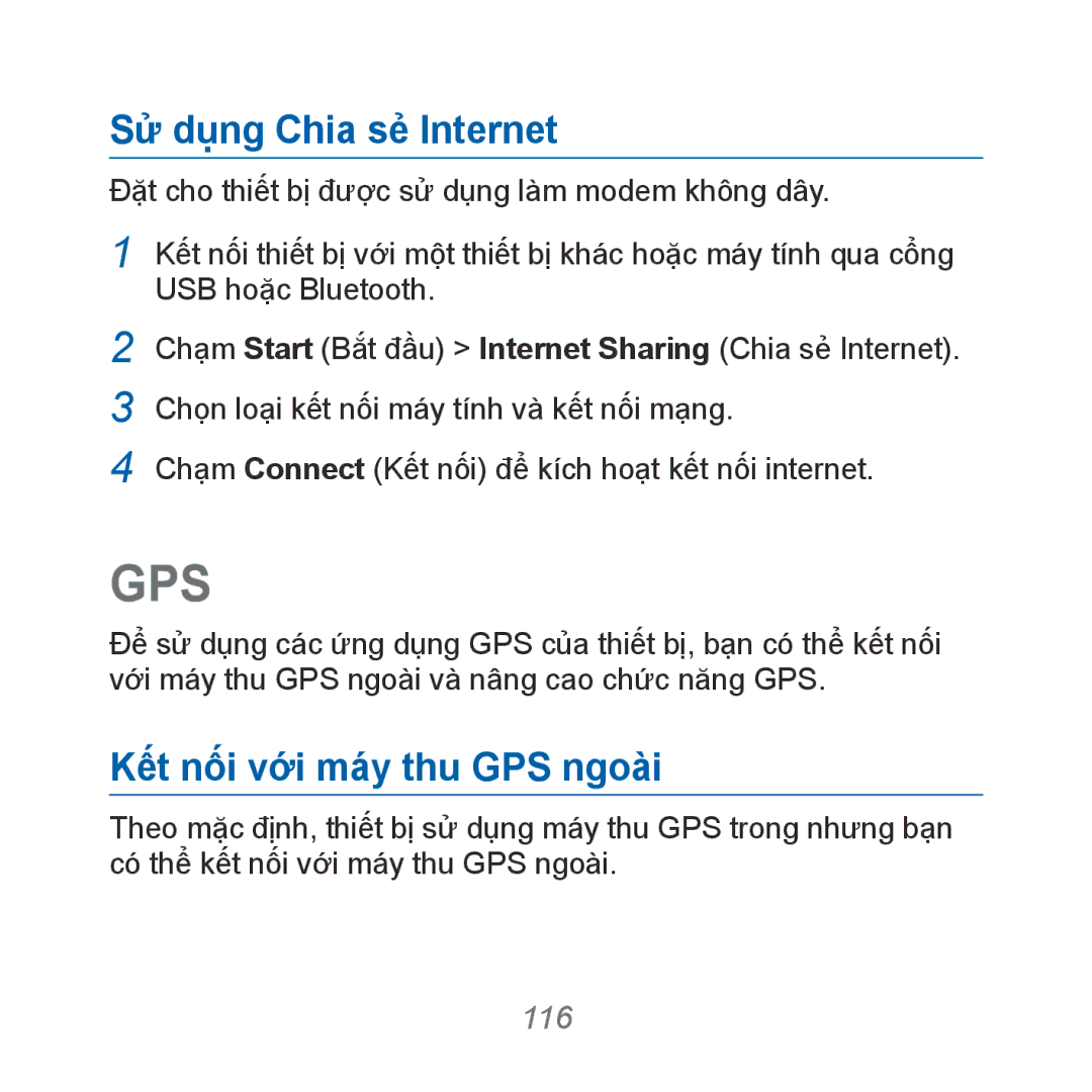 Samsung GT-B7610OKAXEV, GT-B7610OKAXXV manual Sử dụng Chia sẻ Internet, Kết nối với máy thu GPS ngoài, 116 