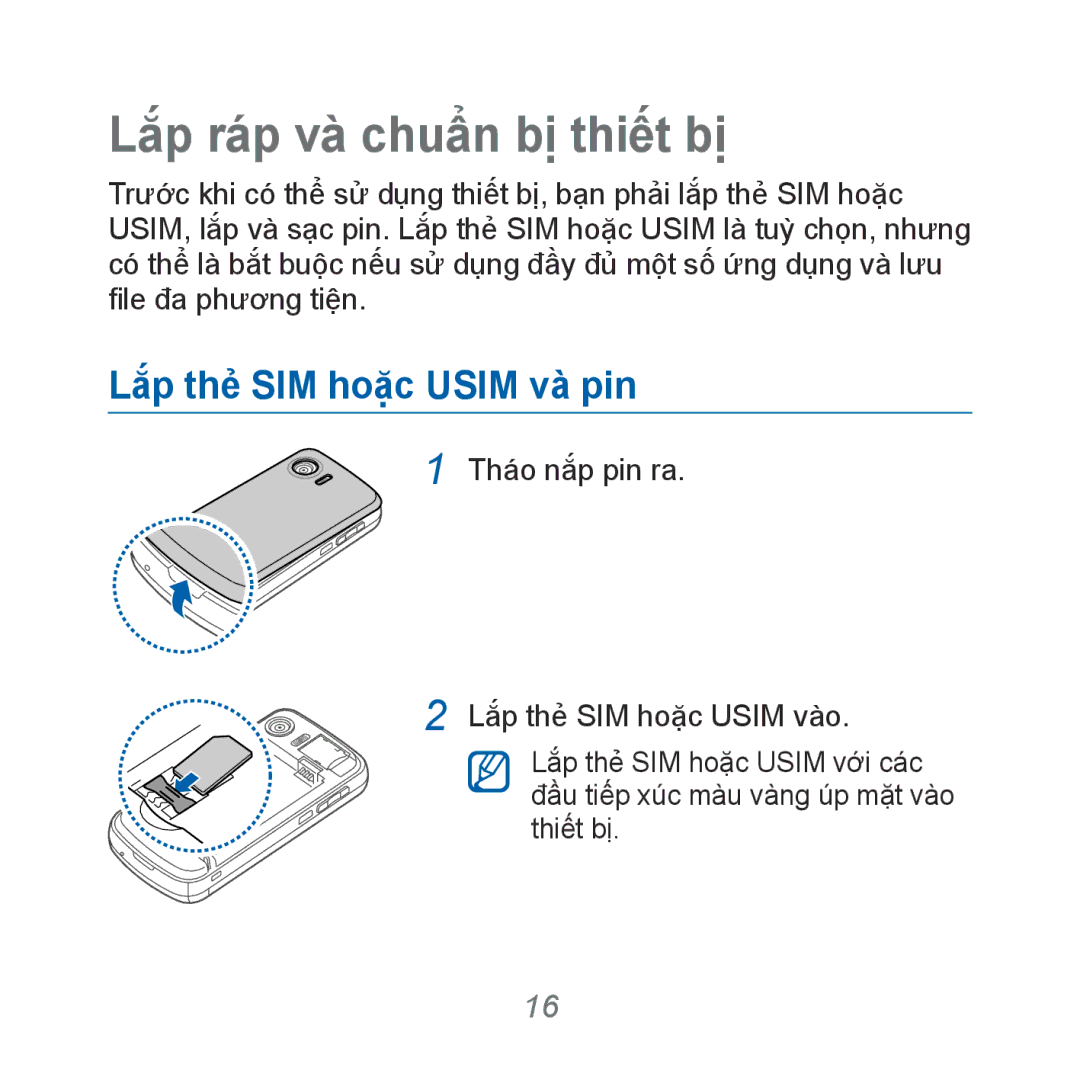 Samsung GT-B7610OKAXEV, GT-B7610OKAXXV manual Lắp rap va chuẩn bi thiêt bi, Lắ́p thẻ SIM hoặ̣c Usim và pin 