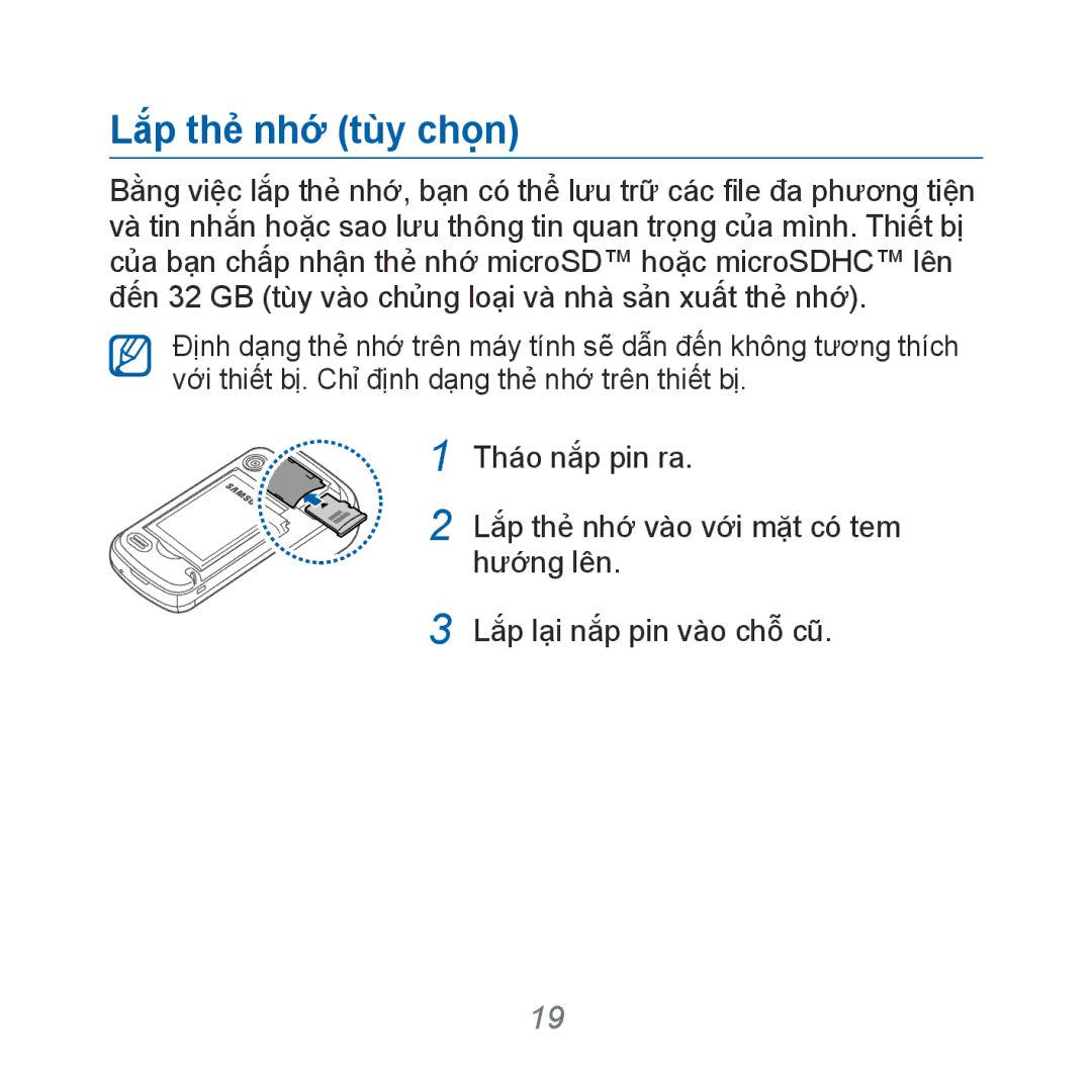 Samsung GT-B7610OKAXXV, GT-B7610OKAXEV manual Lắp the nhơ tùy chọn 