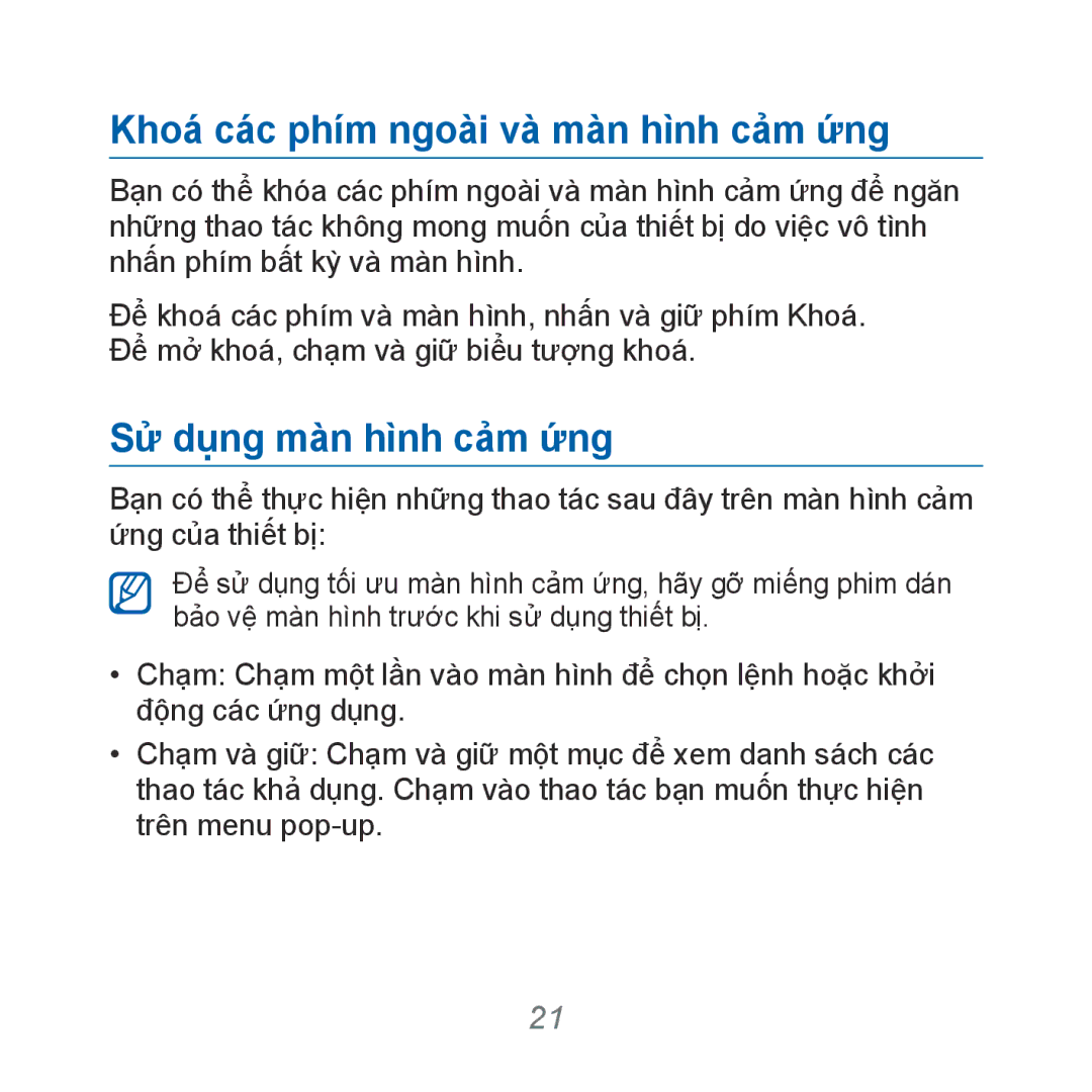 Samsung GT-B7610OKAXXV, GT-B7610OKAXEV manual Khoá các phím ngoài và màn hình cảm ứng, Sư dung man hinh cam ưng 