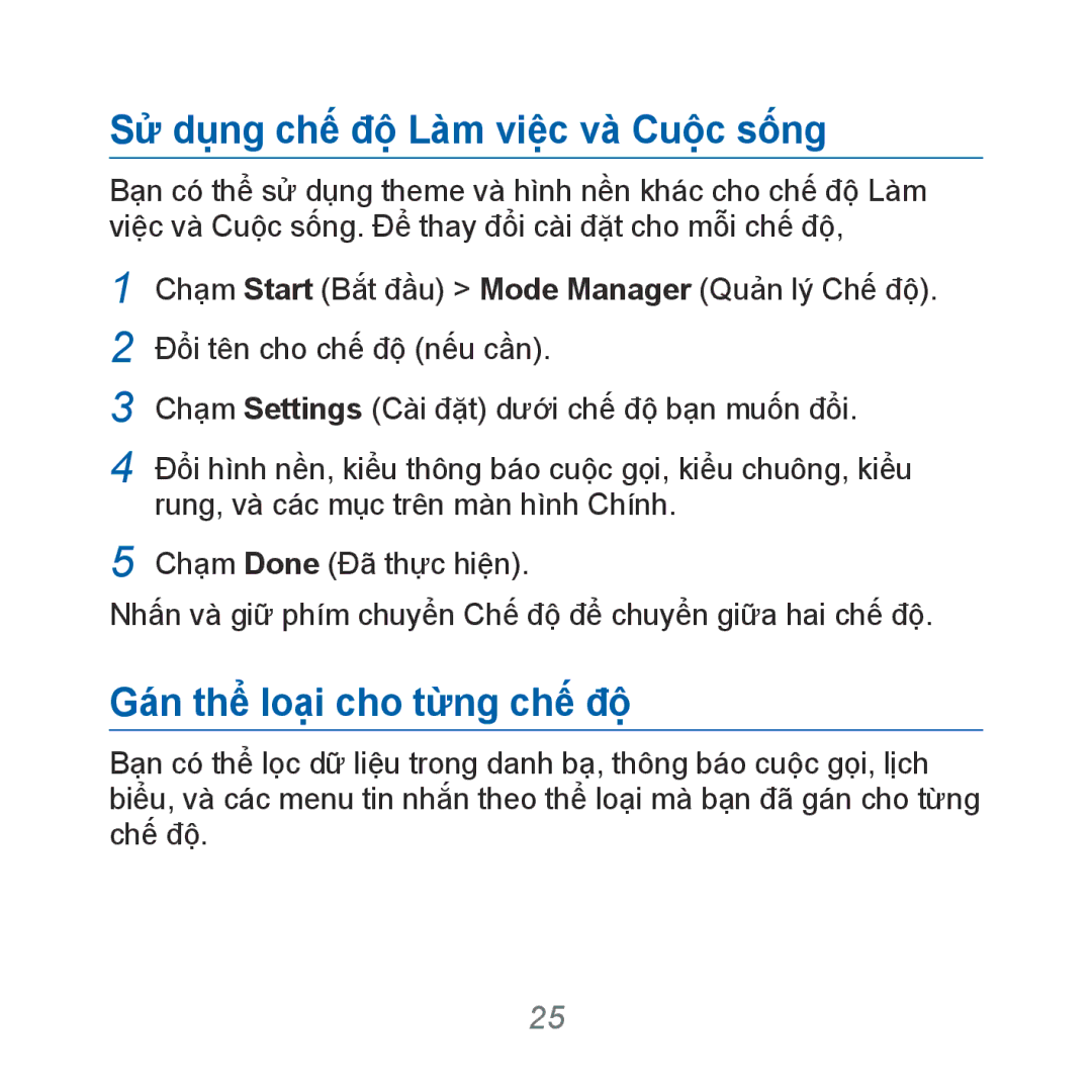 Samsung GT-B7610OKAXXV, GT-B7610OKAXEV manual Sử dụng chế độ Làm việc và Cuộc sống, Gán thể loại cho từng chế độ 