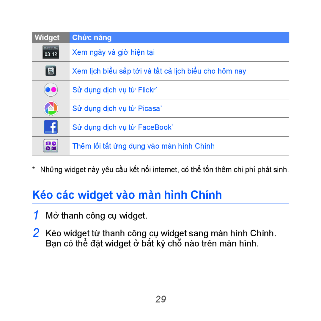 Samsung GT-B7610OKAXXV, GT-B7610OKAXEV manual Kéo cac widget vao man hinh Chính, Mở thanh công cụ widget 