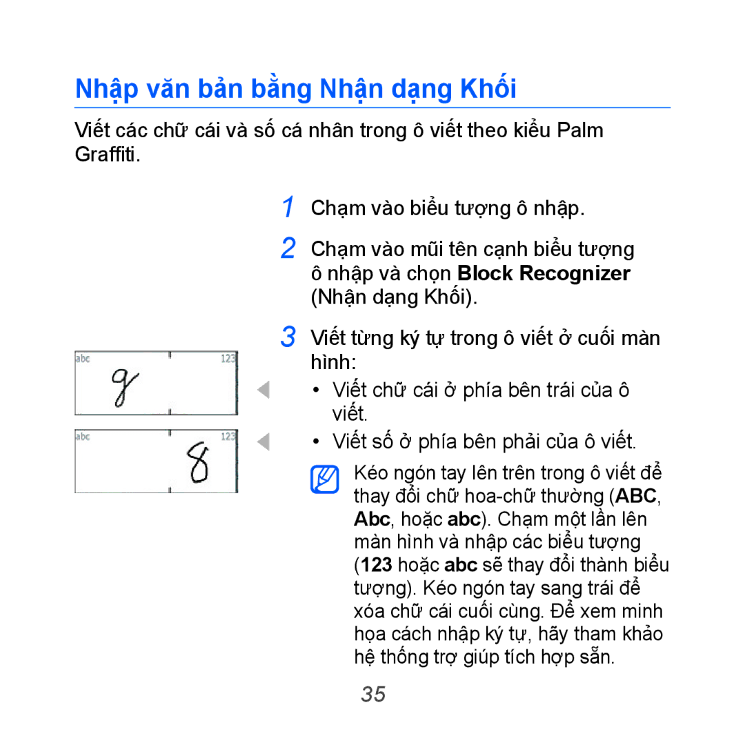 Samsung GT-B7610OKAXXV, GT-B7610OKAXEV manual Nhậ̣p văn bản bằng Nhậ̣n dạng Khối 