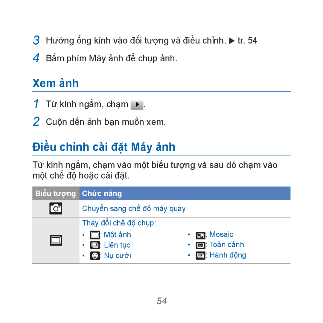 Samsung GT-B7610OKAXEV, GT-B7610OKAXXV manual Xem ảnh, Điều chỉ̉nh cài đặ̣t Máy ảnh 