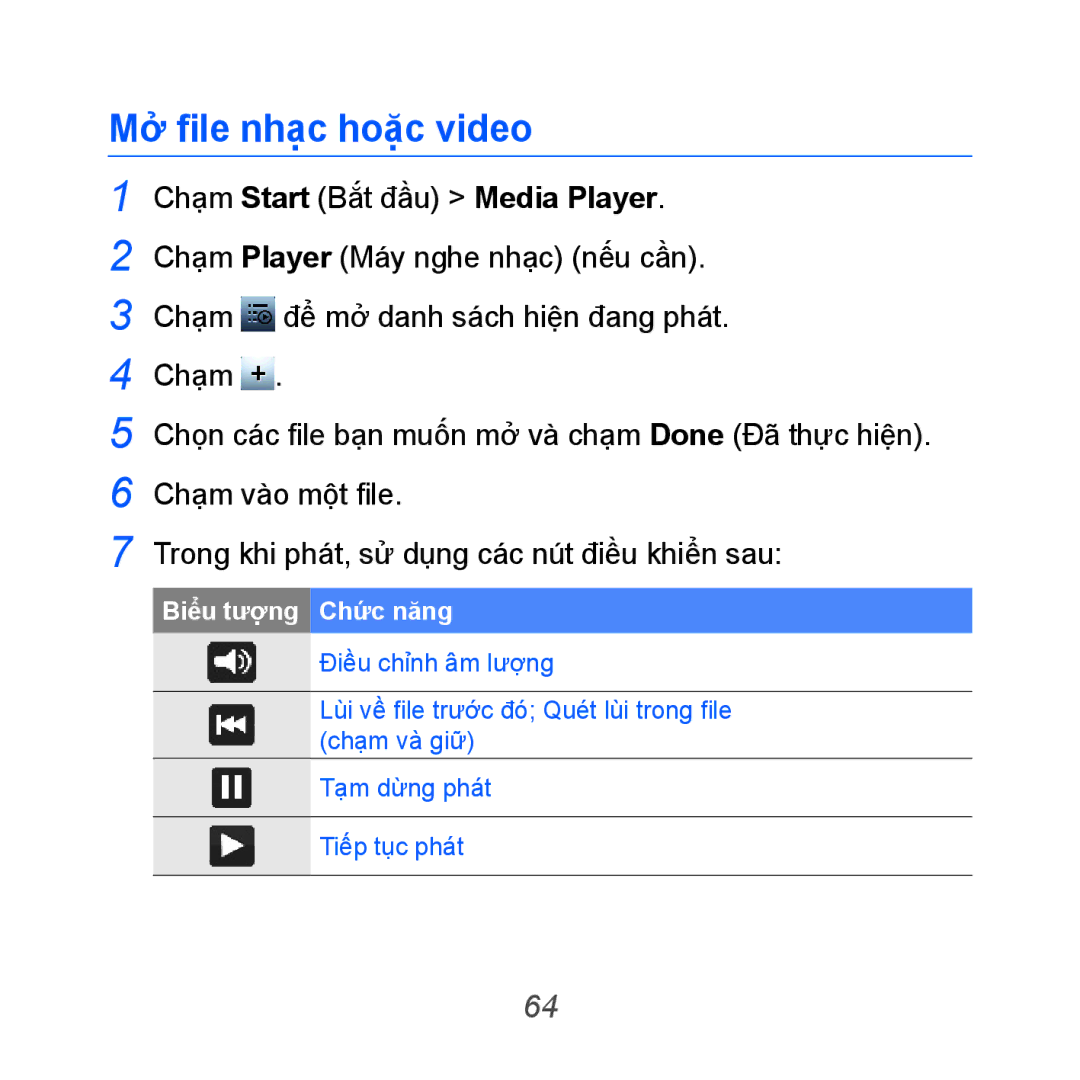 Samsung GT-B7610OKAXEV, GT-B7610OKAXXV manual Mở file nhạc hoặ̣c video, Trong khi phát, sử dụng các nút điều khiển sau 