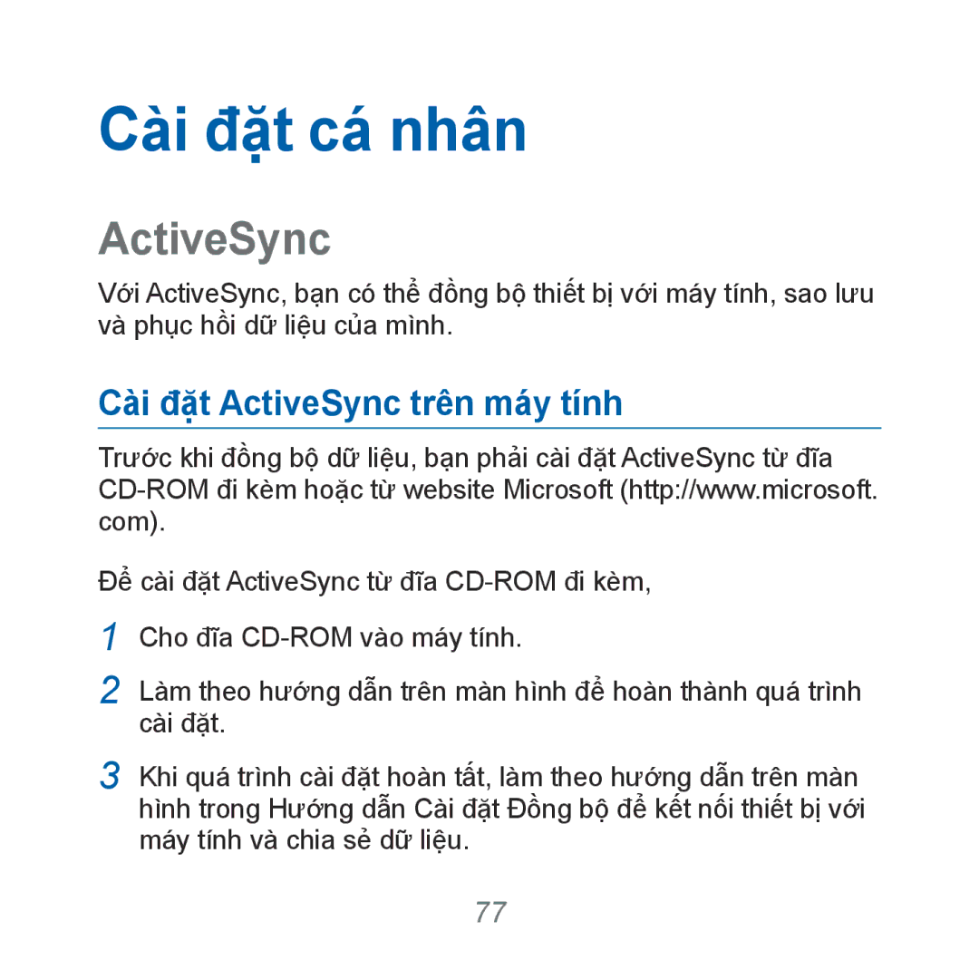 Samsung GT-B7610OKAXXV, GT-B7610OKAXEV manual Cài đặ̣t ActiveSync trên máy tính 