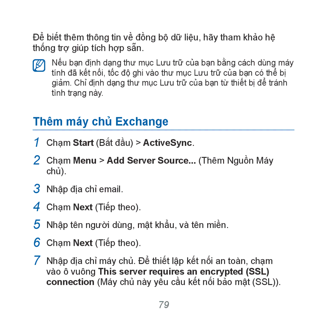 Samsung GT-B7610OKAXXV, GT-B7610OKAXEV manual Thêm máy chủ Exchange, Cham Menu Add Server Source... Thêm Nguồn Máy chủ 