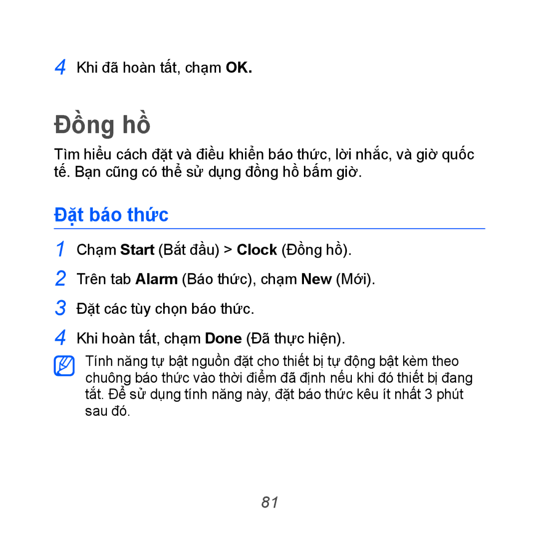 Samsung GT-B7610OKAXXV, GT-B7610OKAXEV manual Đồng hồ, Đặ̣t báo thức 