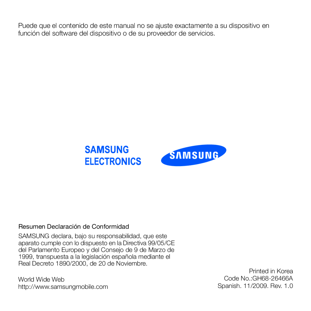 Samsung GT-B7610OKAATL, GT-B7610OKJATL manual World Wide Web Code No.GH68-26466A Spanish /2009. Rev 