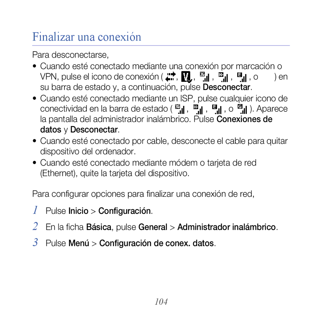 Samsung GT-B7610OKAATL, GT-B7610OKJATL manual Finalizar una conexión, 104 