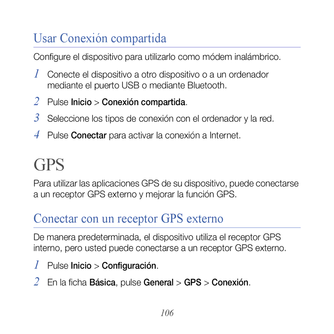 Samsung GT-B7610OKAATL, GT-B7610OKJATL manual Usar Conexión compartida, Conectar con un receptor GPS externo, 106 