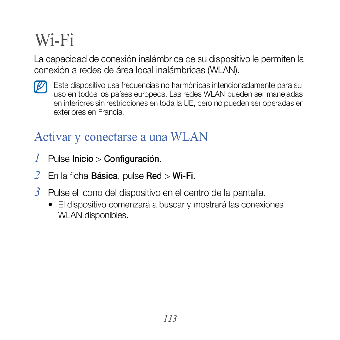 Samsung GT-B7610OKJATL, GT-B7610OKAATL manual Wi-Fi, Activar y conectarse a una Wlan, 113 