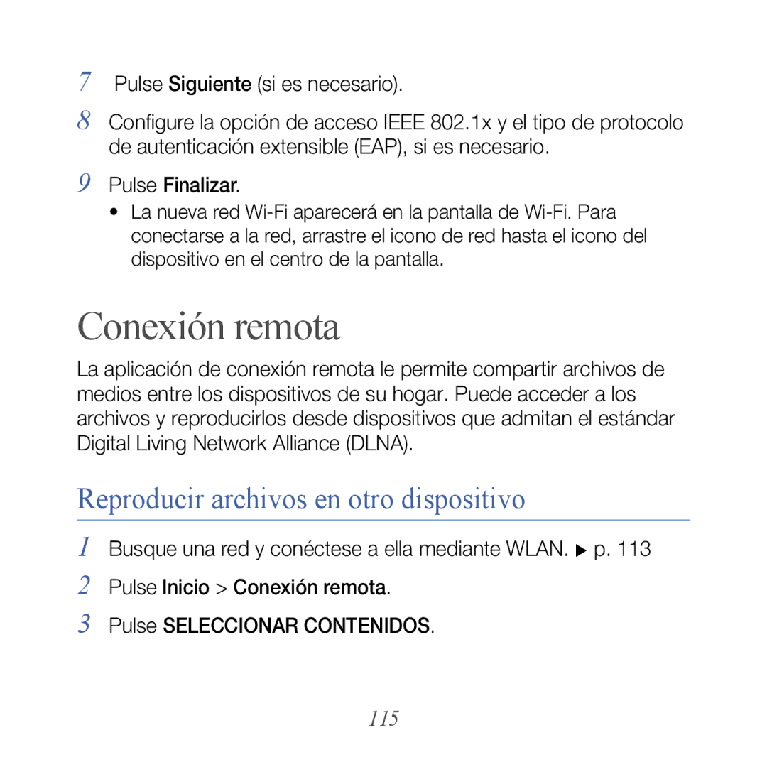 Samsung GT-B7610OKJATL, GT-B7610OKAATL manual Conexión remota, Reproducir archivos en otro dispositivo, 115 